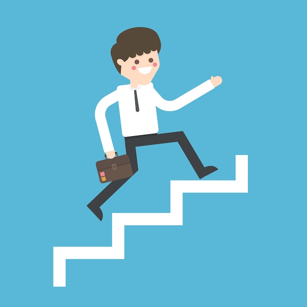 Vector businessman with suitcase climbing the stairs of success.