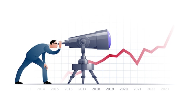 Businessman with telescope explorating the future