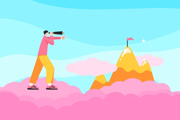 Vector businessman with a telescope observes a target on top of a mountain vector illustration