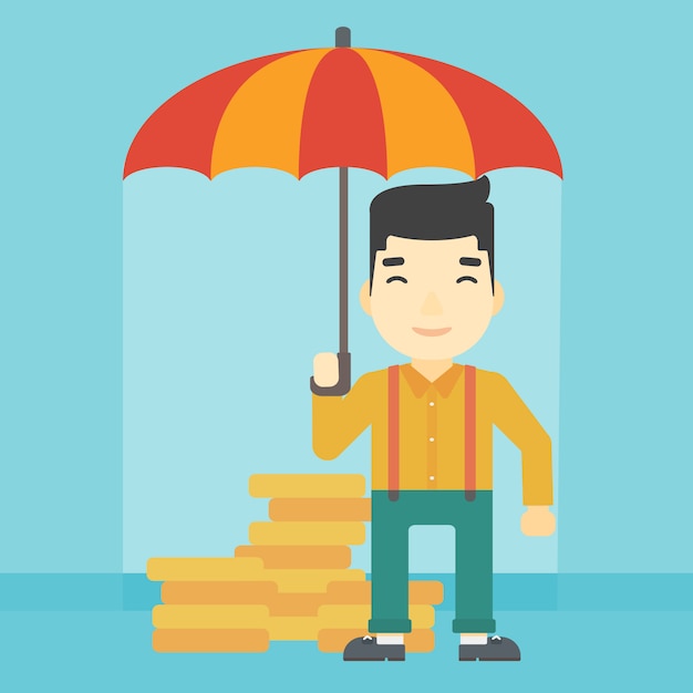 Businessman with umbrella protecting money.