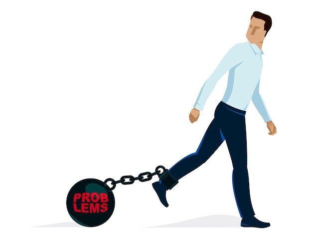 Vector businessman with weight metal ball on shackles symbolizes debt or problems vector illustration isolated on white, handsome man trying to walk forward but troubles stop him.