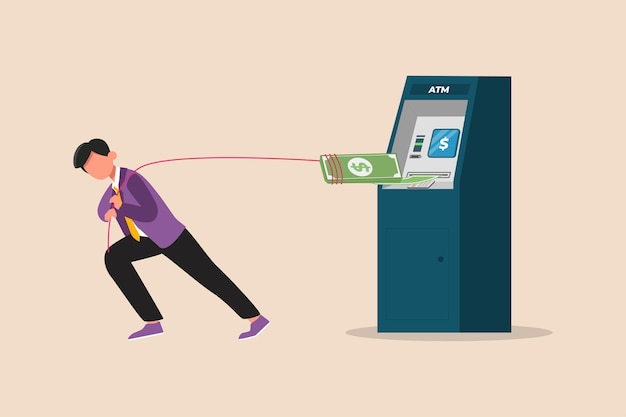 Uomo d'affari che si ritira dal bancomat concetto di atm illustrazione vettoriale piatta colorata