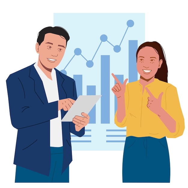 businessman woman showing growth business in flat illustration