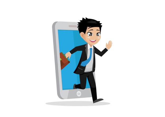 Vector businessman work through smartphones.