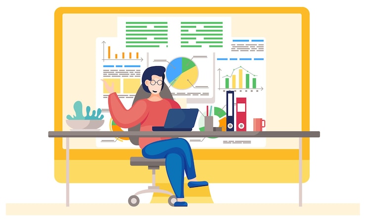 Vector businessman working and analyzing financial statistics and data business analysis concept