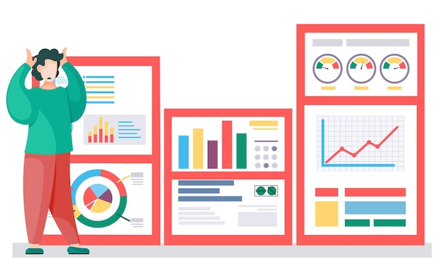 Businessman working and analyzing financial statistics The male marketer studies information about the metrics Guy is surprised by the data on background A man stands in shock and holds his head