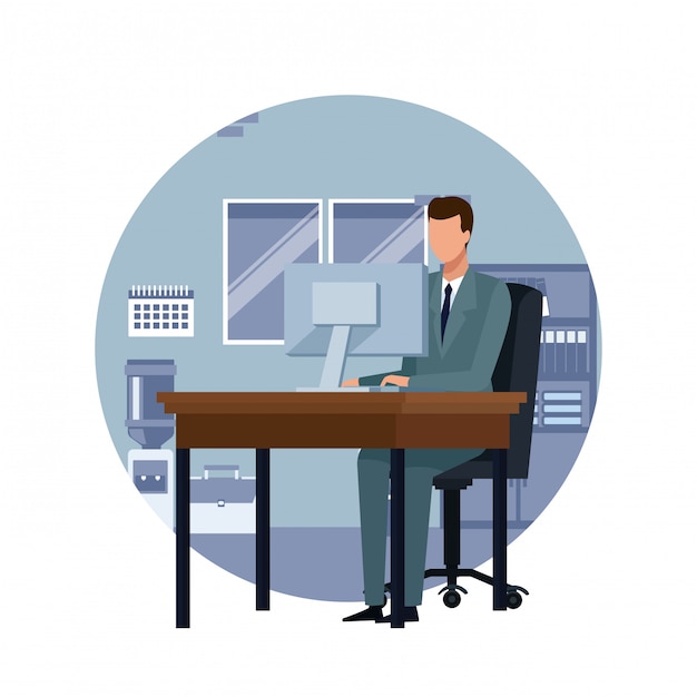 Businessman working on computer cartoon