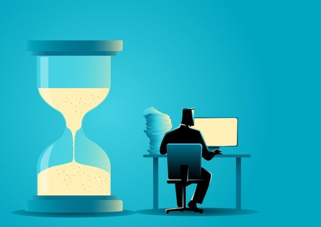 Vector businessman working on computer to meet deadline symbolize by sand time glass