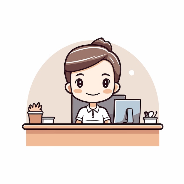 businessman working on computer in office cute cartoon character vector design