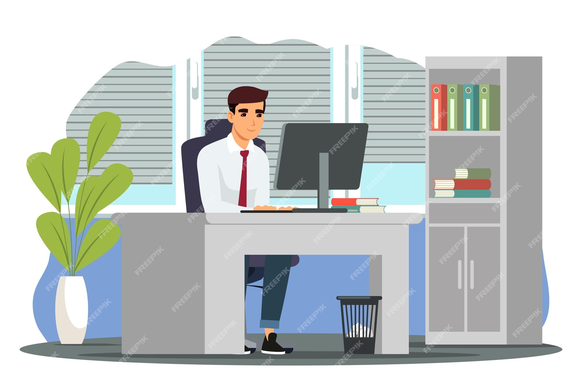 Premium Vector | Businessman working on computer in office manager sitting  at table with monitor keyboard and books professional workplace