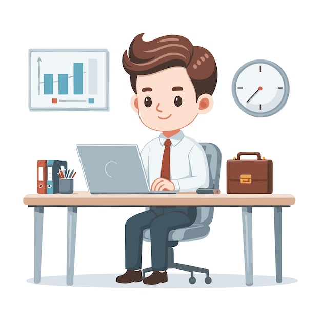 Businessman working on laptop computer in office 3d character cartoon illustration