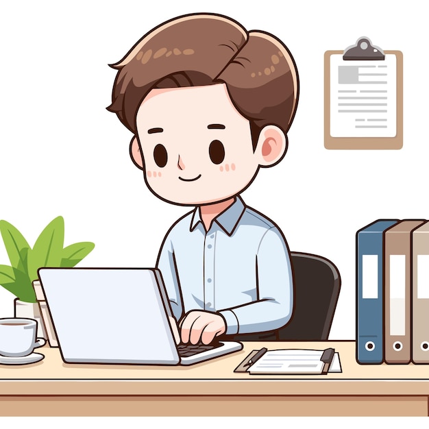 Vector businessman working on laptop computer in office 3d character cartoon illustration