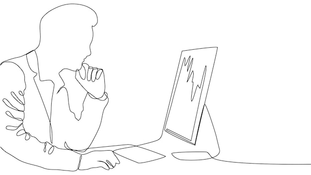 Businessman working on laptop computer single line drawing