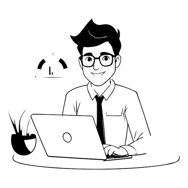 Vector businessman working on laptop in office vector illustration in cartoon style