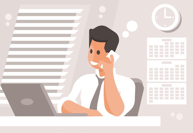 Businessman working at laptop and talking on smartphone in office Vector illustration