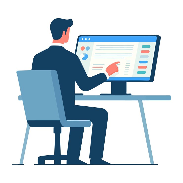 Vector businessman working on a monitor flat vector