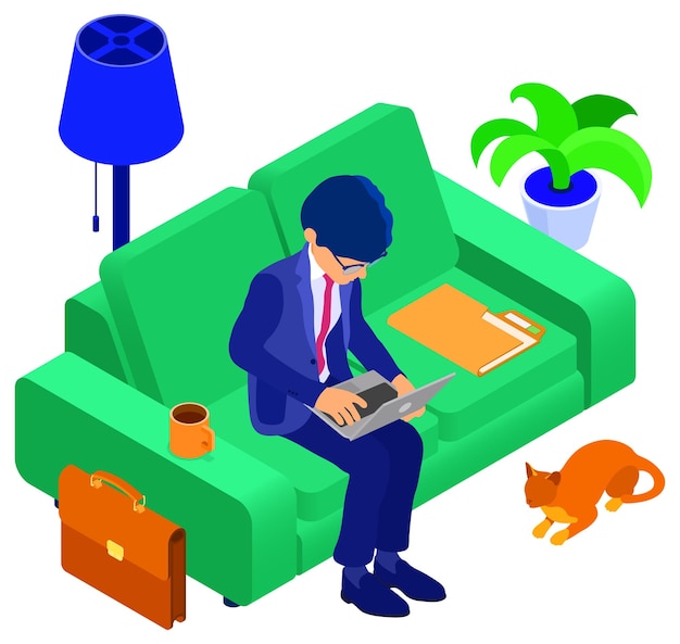 businessman working remotely from home man sits at sofa and working on laptop manager convened an online meeting isometric characters stay home covid19 coronavirus isolated vector illustration