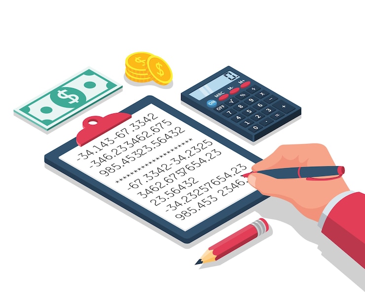 Vector businessman working with a folder for calculations financial statistics counting income taxes