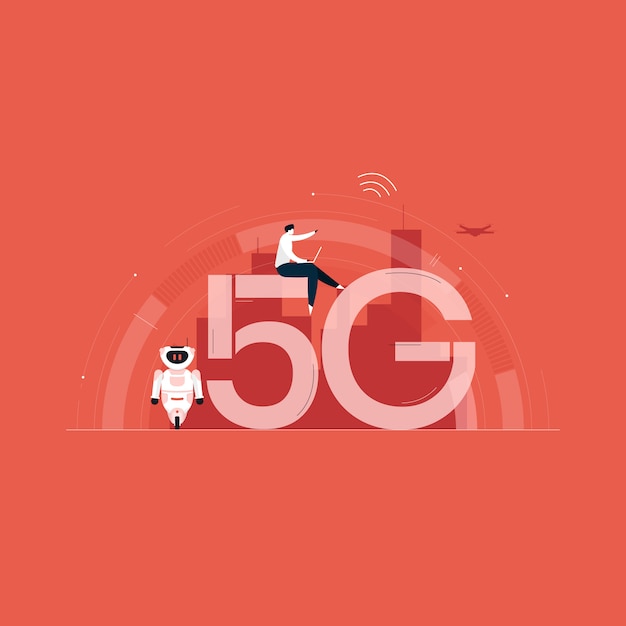 Vettore uomo d'affari che lavora con un'interfaccia futuristica 5g