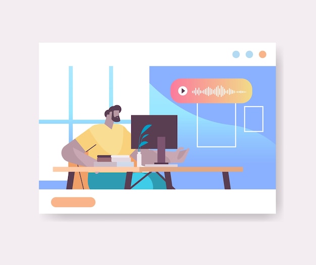 Uomo d'affari sul posto di lavoro comunicare in messaggistica istantanea tramite messaggi vocali applicazione di chat audio social media concetto di comunicazione online illustrazione vettoriale ritratto orizzontale