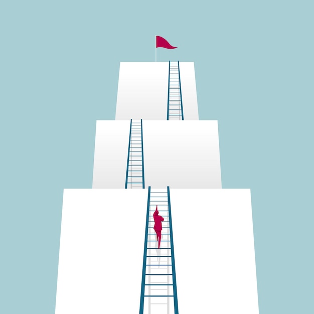 The businessman works hard toward the goal. Isolated on blue background.