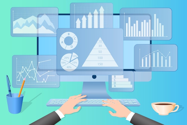 사업가가 Analytics로 작업 사업가가 컴퓨터 화면에서 인포그래픽을 연구합니다