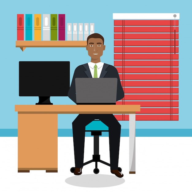 Vector businessman in workspace isolated icon design