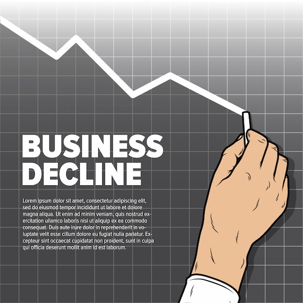 Grafico di diminuzione del disegno della mano di businessmans. declino del profitto e attività di vendita al ribasso