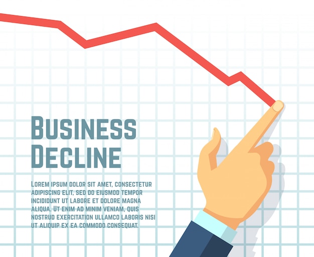 Businessmans hand tekenen daling grafiek.