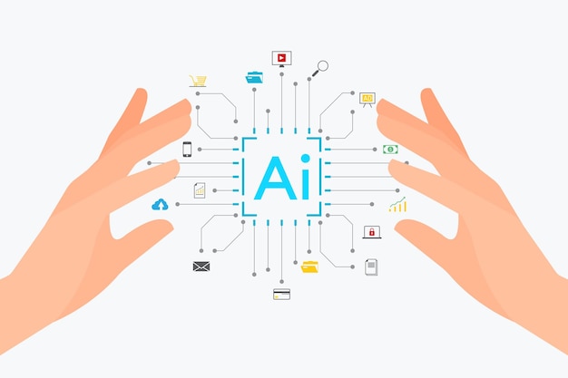 Businessmans hand touch or show on virtual AI brain or computer chip by AI technology concept