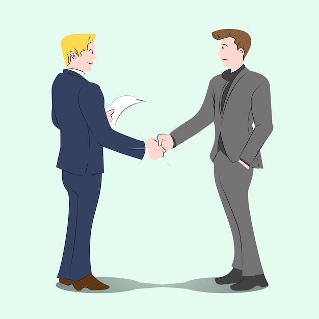 Businessmans handshake together, business dealt, co-partnership simply flat vector illustration on mint background for clean contents and articles.