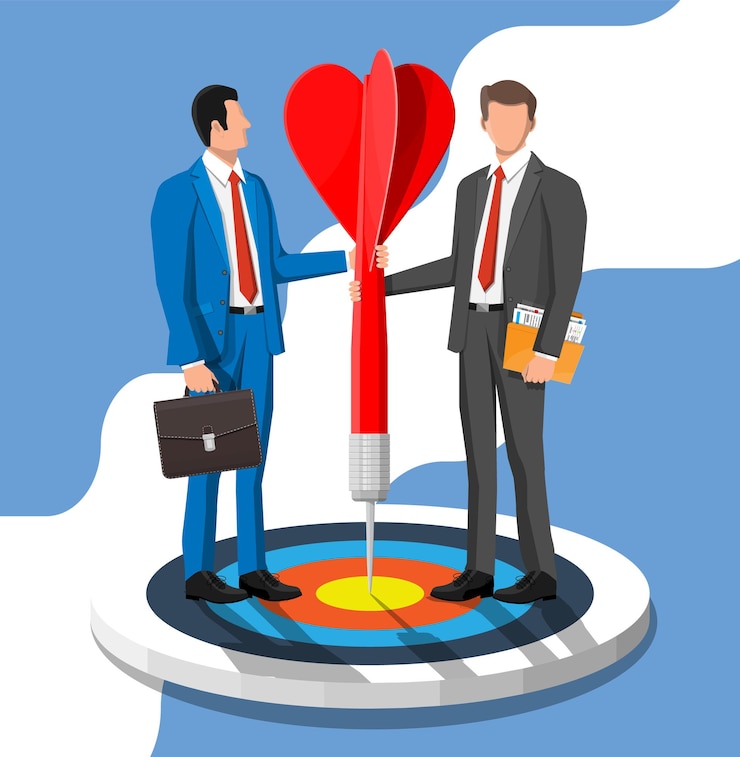 Vector businessmans in suit with briefcase and folder standing with red arrow on target. symbol of victory, successful mission, goal and achievement. business success. flat vector illustration