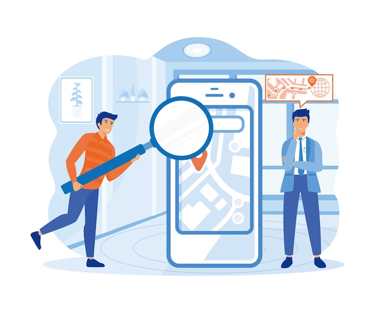 Vector businessmen analyzing product delivery route on cellphone screen with magnifying glass