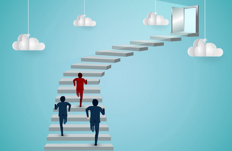 Vector businessmen are competition running up the stair to the door