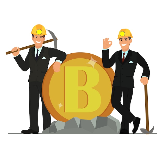 Vector businessmen are standing next to bitcoin.