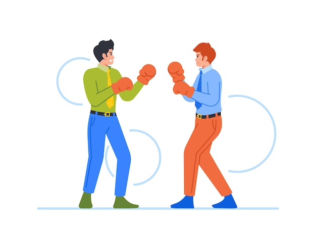 Vector businessmen boxing in office male characters display competitive spirit and determination conflicts