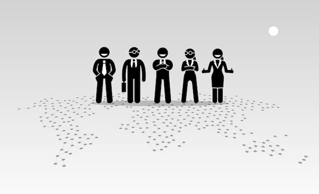 Businessmen and businesswomen standing on top of a world map.