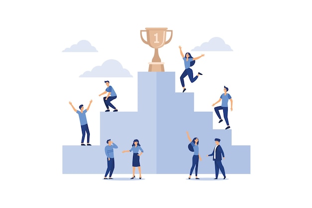 businessmen climb the ladder to the goal in the form of a golden cup, competition, career planning, 