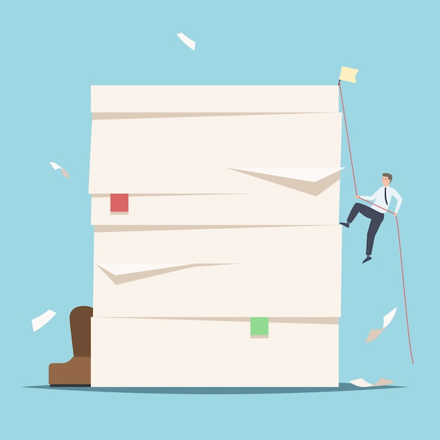 Businessmen climbing up a pile of documents