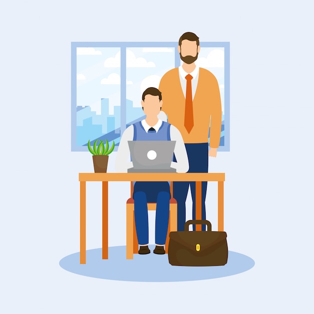 Vector businessmen on desk with laptop and cactus