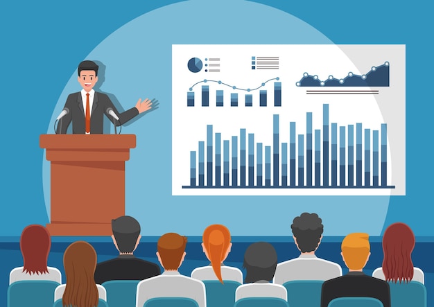 Businessmen giving speech or presenting charts on a whiteboard in meeting room. business seminar and presentation concept.