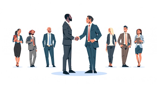 Vector businessmen handshake agreement concept mix race business men team leader hand shake international partnership communication cartoon character isolated flat full length horizontal