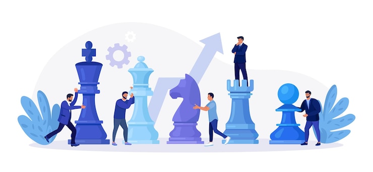 Vector businessmen playing giant chess and try to find strategic position for business goal people planning thinking discussing strategy tactics successful teamwork negotiation competition leadership