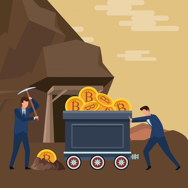 Businessmen pushing mining cart with cryptocurrency