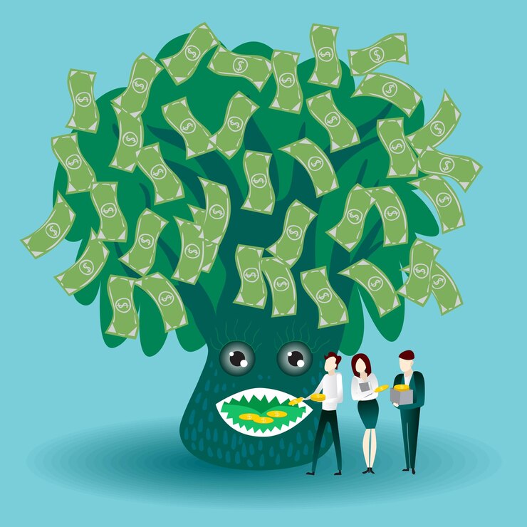 Vector businessmen putting coins in a money tree. savings and investment concept
