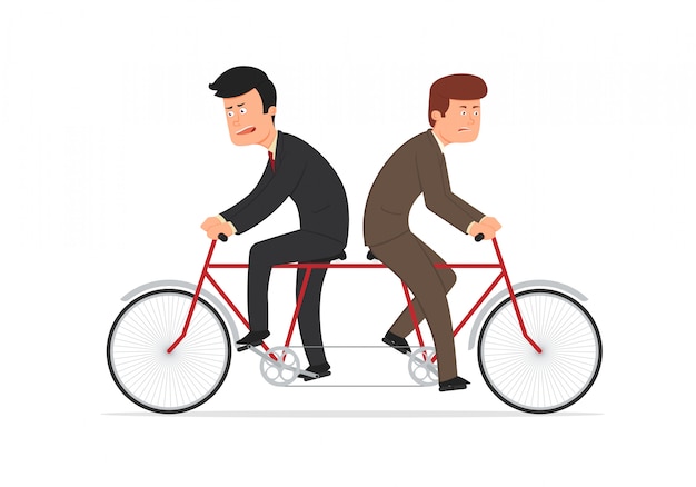 Бизнесмены едут на тандемном велосипеде в разные стороны.