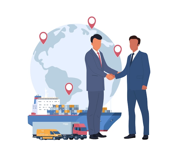 Vector businessmen shake hands against the backdrop of a globe and various modes of transport