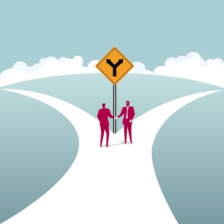 Vector businessmen shake hands at the fork road. business cooperation concept.