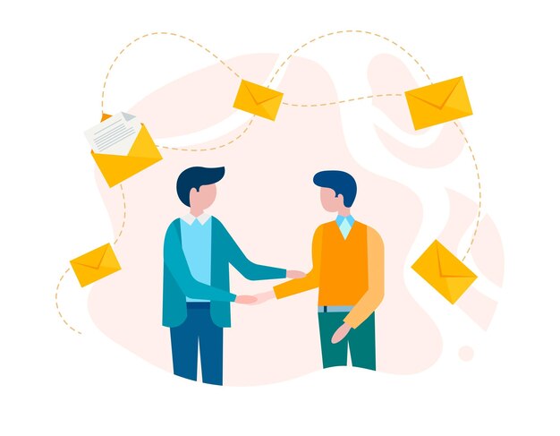 Businessmen shaking hands concluding a deal signing a contract concept vector illustration