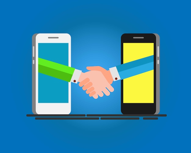 Vector businessmen shaking hands through smart phone screen.